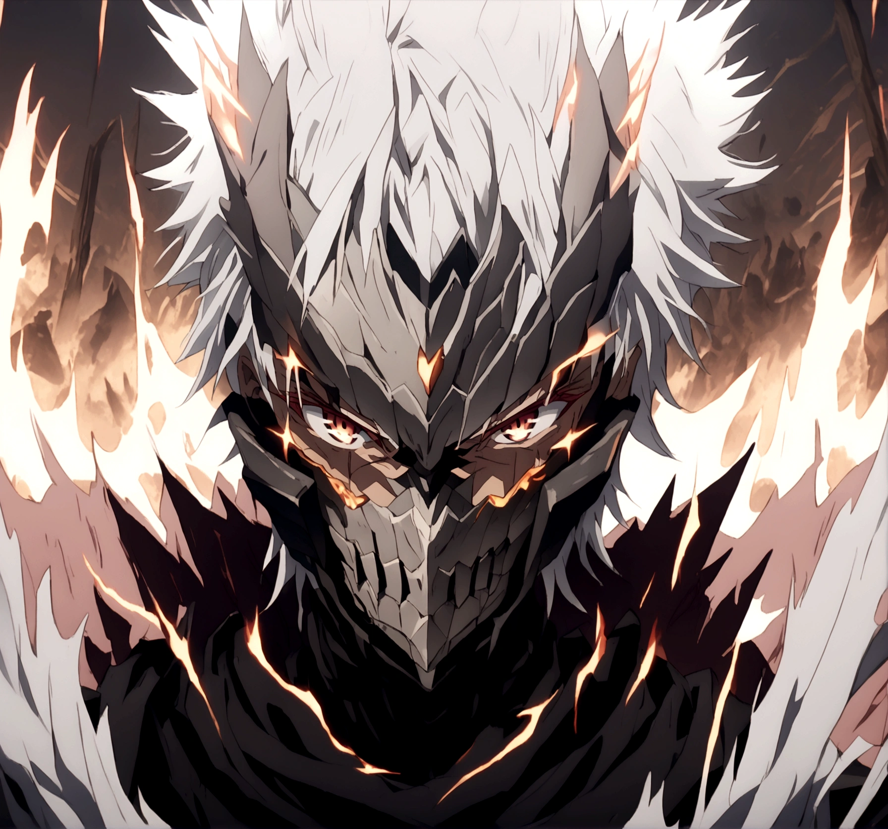 Black armor, white hair, red eyes, white messy spiky hair, black sword, extreme aura, serious face expression, black armored face mask, long black scarf