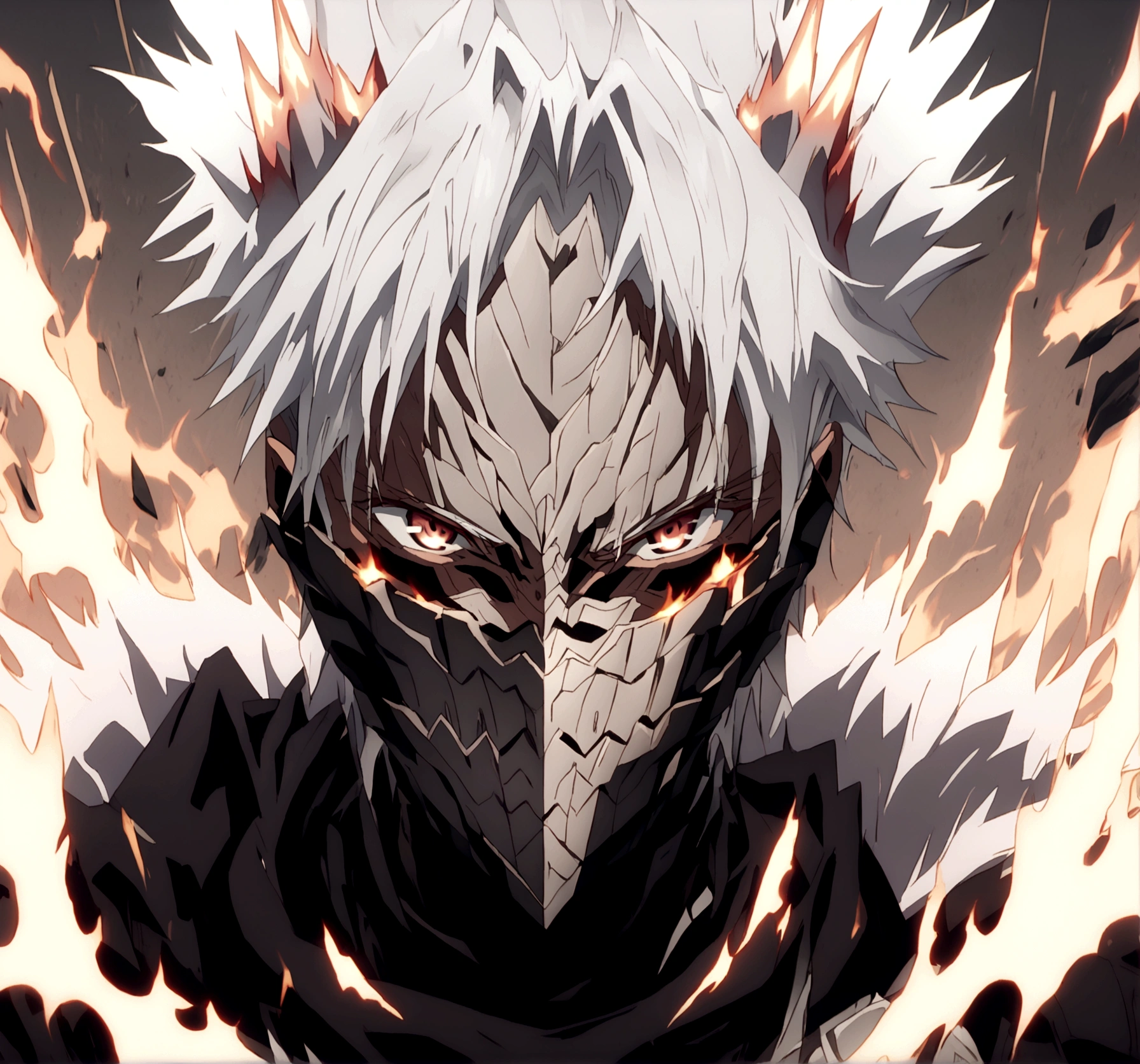 Black armor, white hair, red eyes, white messy spiky hair, black sword, extreme aura, serious face expression, black armored face mask, long black scarf