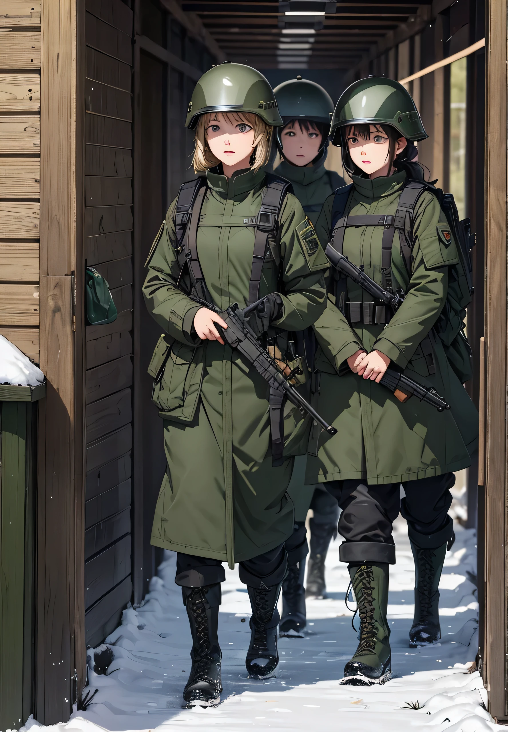 A group of female soldiers wearing dark green thick coats、Wearing a helmet、Magazine Pouch、Tactical shoulder strap、Military boots、All guards with guns、Snowy military camp、Write details、masterpiece、best quality、Highly detailed CG、8K picture quality