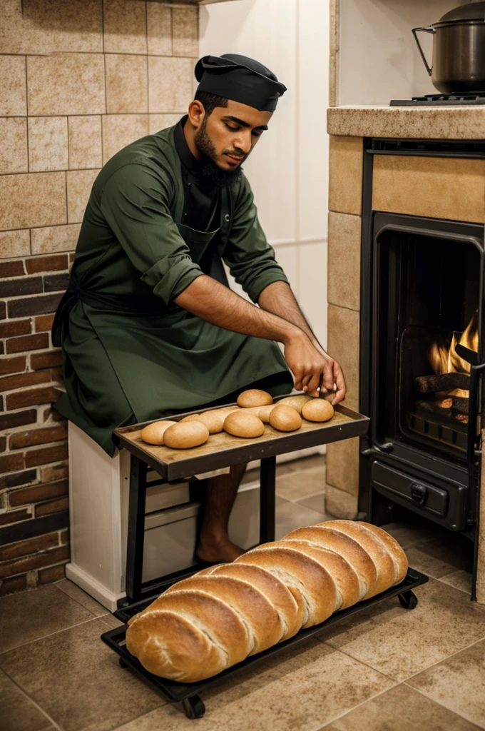 A Muslim youth rolls bread by the stove