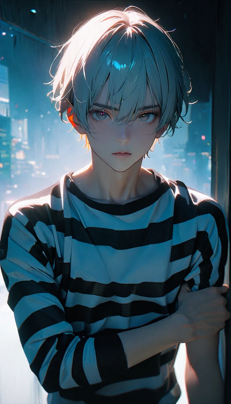 (8K, RAW photos, best quality, masterpiece: 1.4), (((Boy looking at his arm)))，Ultra-high resolution, Extremely detailed, light, Upper body close-up, handsome boy, black eyes, (delicate eyes, Eyes are bright:1.2), Gray short hair, Fair skin,dark, Black and white striped prison uniform,Black and white striped prison pants,(perfect anatomy:1.2), High-quality shadows, Natural Lighting, (White highlights:1.2), night, cloudy day, (Dark room:1.2), (White lines on arms:1.2)