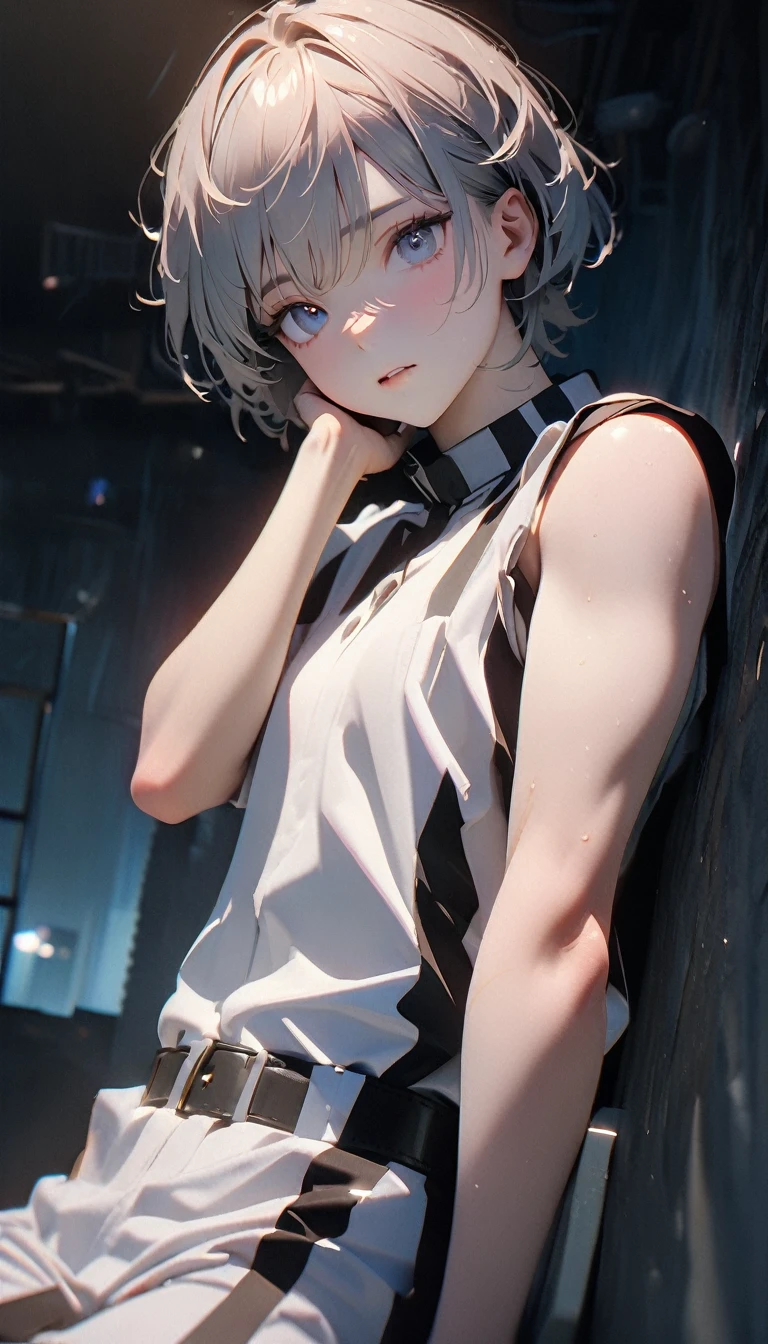 (8K, RAW photos, best quality, masterpiece: 1.4), (((Boy looking at his arm)))，Ultra-high resolution, Extremely detailed, light, Upper body close-up, handsome boy, black eyes, (delicate eyes, Eyes are bright:1.2), Gray short hair, Fair skin,dark, Black and white striped prison uniform,Black and white striped prison pants,(perfect anatomy:1.2), High-quality shadows, Natural Lighting, (White highlights:1.2), night, cloudy day, (Dark room:1.2), (White lines on arms:1.2)