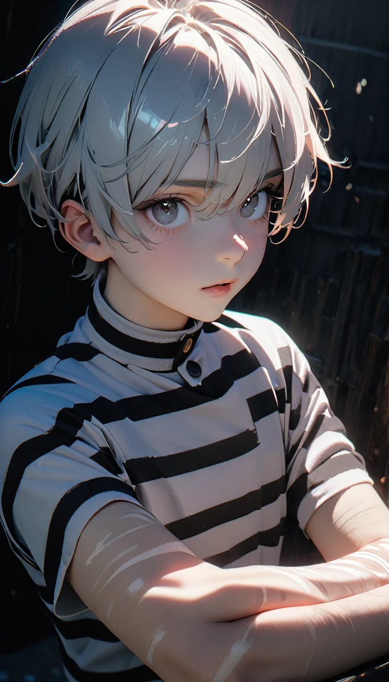 (8K, RAW photos, best quality, masterpiece: 1.4), (((Boy looking at his arm))),Ultra-high resolution, Extremely detailed, light, closeup of arms, handsome boy, black eyes, (delicate eyes, Eyes are bright:1.2), Gray short hair, Fair skin,dark, Black and white striped prison uniform,Black and white striped prison pants,(perfect anatomy:1.2), High-quality shadows, Natural Lighting, (White highlights:1.2), night, cloudy day, (Dark room:1.2), (White lines on arms:1.2)