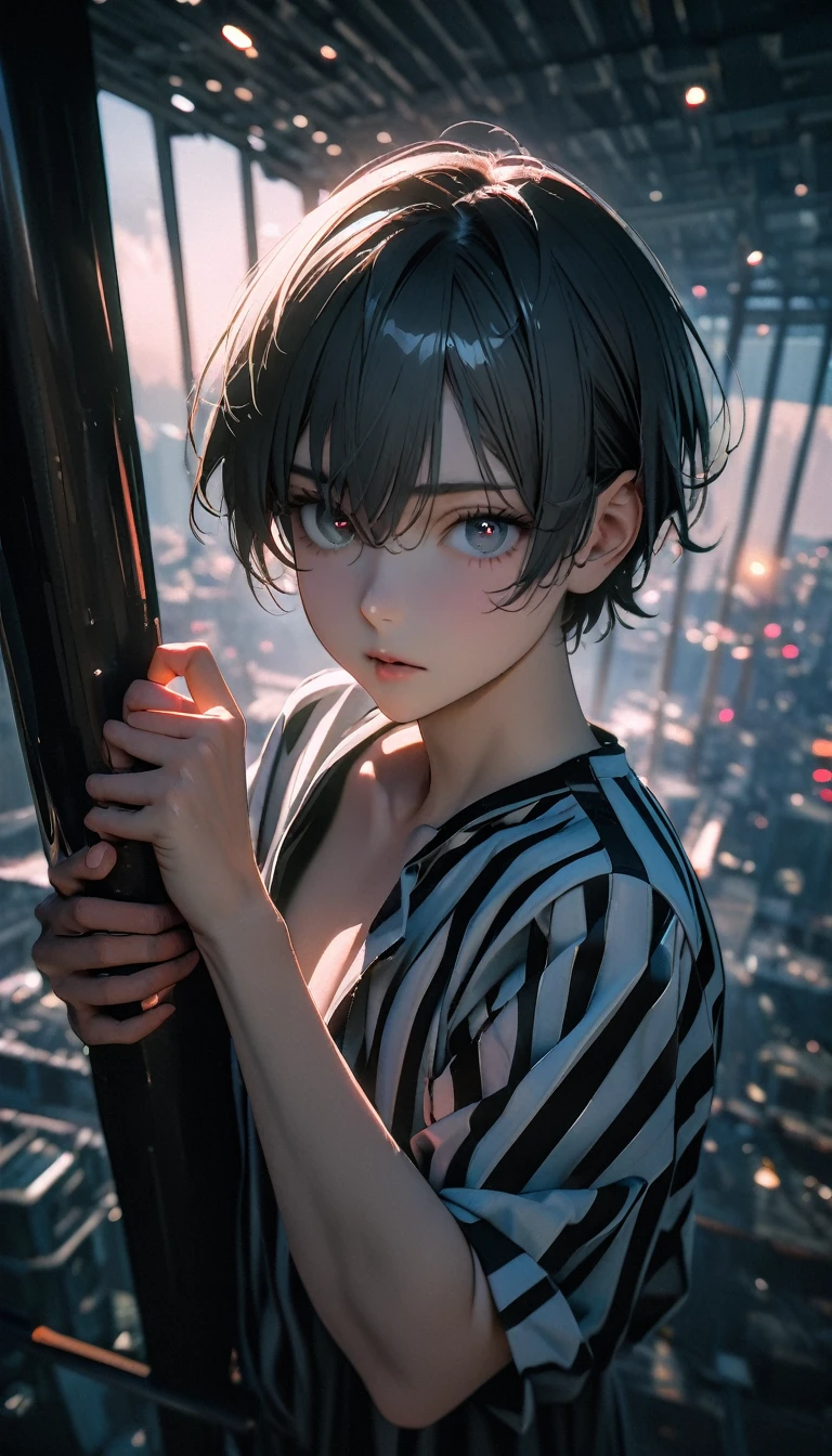 (8K, RAW photos, best quality, masterpiece: 1.4), (((Boy looking at his arm)))，Ultra-high resolution, Extremely detailed, light, closeup of arms, handsome boy, black eyes, (delicate eyes, Eyes are bright:1.2), Gray short hair, Fair skin,dark, Black and white striped prison uniform,Black and white striped prison pants,(perfect ???????:1.2), High-quality shadows, Natural Lighting, (White highlights:1.2), night, cloudy day, (Dark room:1.2), (White lines on arms:1.2)
