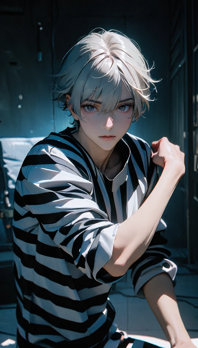 (8K, RAW photos, best quality, masterpiece: 1.4), (((Boy looking at his arm))),Ultra-high resolution, Extremely detailed, light, closeup of arms, handsome boy, black eyes, (delicate eyes, Eyes are bright:1.2), Gray short hair, Fair skin,dark, Black and white striped prison uniform,Black and white striped prison pants,(perfect anatomy:1.2), High-quality shadows, Natural Lighting, (White highlights:1.2), night, cloudy day, (Dark room:1.2), (White lines on arms:1.2)
