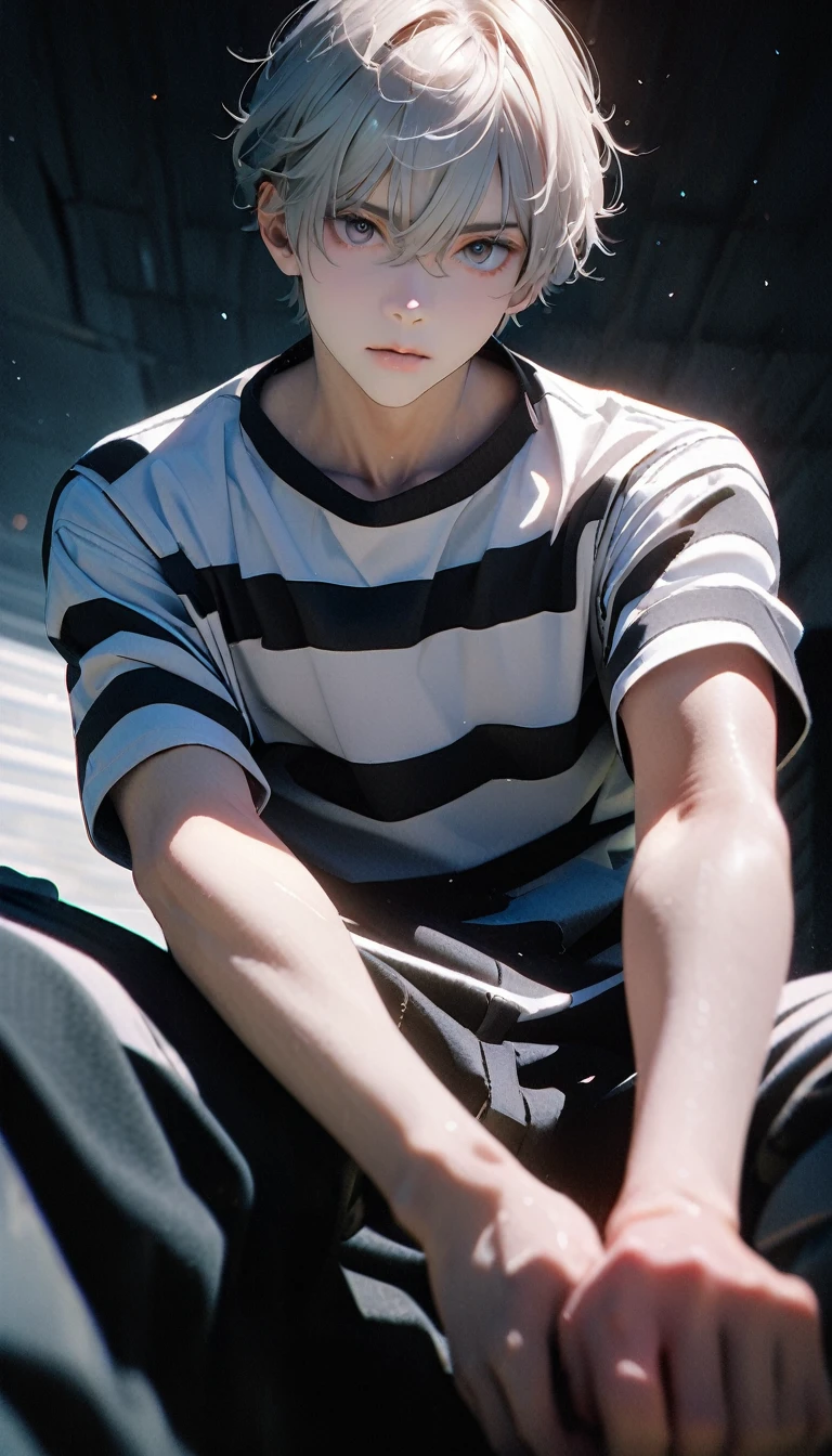 (8K, RAW photos, best quality, masterpiece: 1.4), (((Boy looking at his arm)))，Ultra-high resolution, Extremely detailed, light, closeup of arms, handsome boy, black eyes, (delicate eyes, Eyes are bright:1.2), Gray short hair, Fair skin,dark, Black and white striped prison uniform,Black and white striped prison pants,(perfect anatomy:1.2), High-quality shadows, Natural Lighting, (White highlights:1.2), night, cloudy day, (Dark room:1.2), (White lines on arms:1.2)