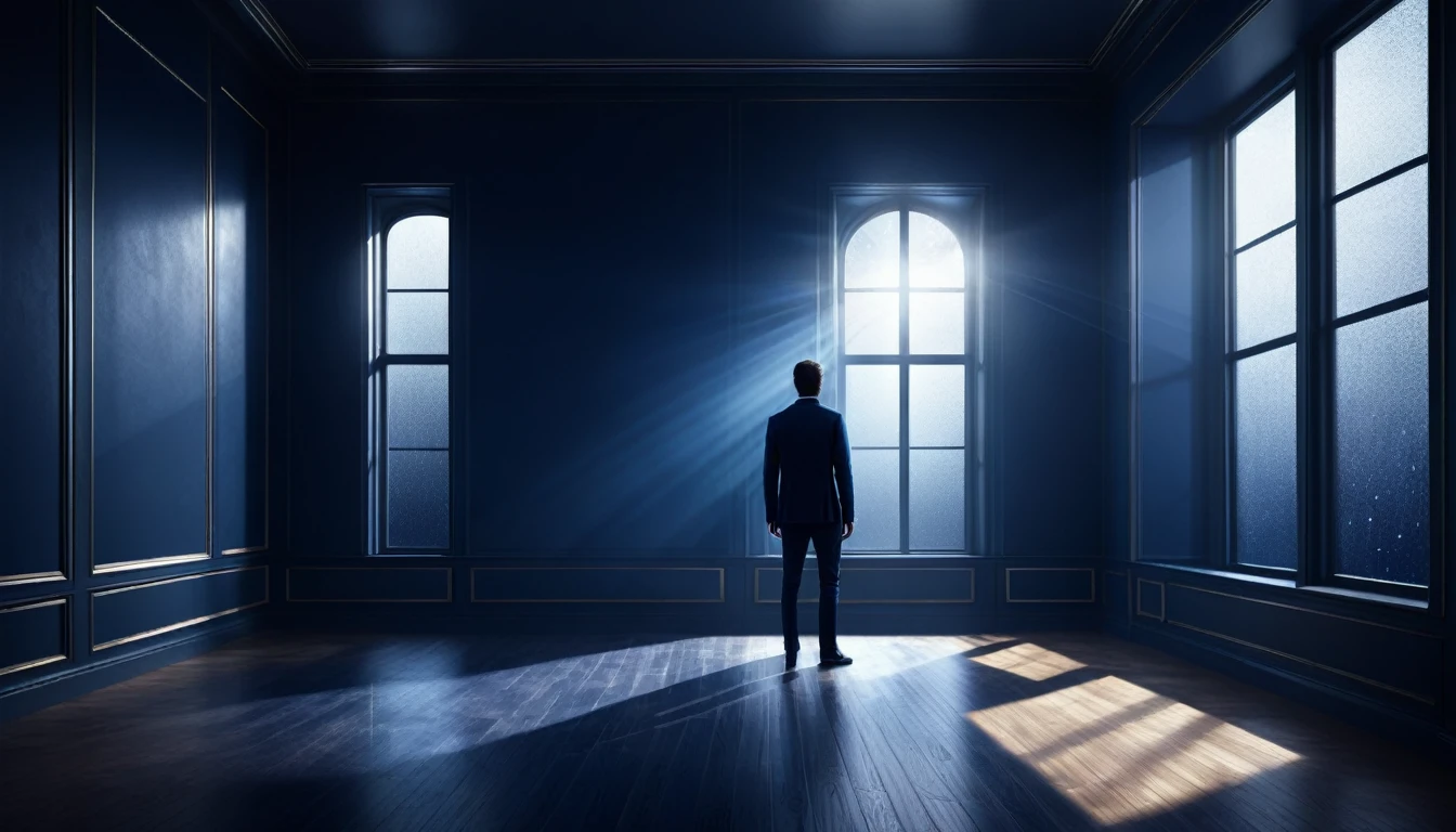 A man standing near a window in the centre of a empty room, light rays falling on him and light rays falling on the room floor,digital art,dark navy blue theme, detailed,textured,high quality,4k