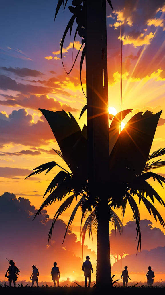 On the vast land that stretches out, The sun greets brightly,
a group of young men walking in the palm oil plantation, Here their soul grows and takes root, in Malaysia, rock band, (silhouette:1.4)