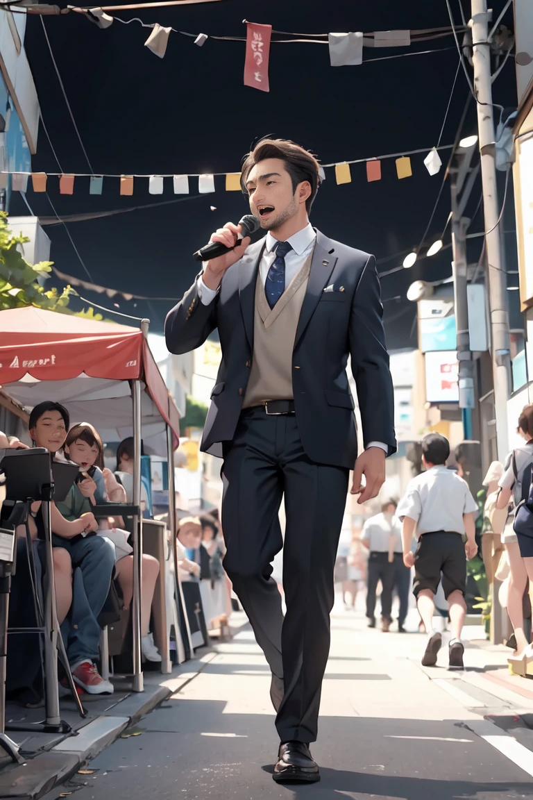 Photo of a handsome 41 year old man  , No tie、Summer cutter、slacks、Tokyo Streets、Grab the microphone and shout &quot;Nice vote!&quot;、Lots of audience