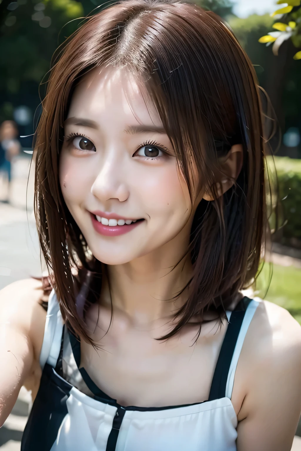 (((Expressing happiness through facial expressions:1.3))).Beautiful woman,Nice face,Very bright smile, Clothing that emphasizes cleavage,Off the shoulder,White shirt,White pants,Looking at the audience,whole body,From above,look up,Beautiful Hands,Enjoy a walk in the park,
(Reddish brown wet shiny short messy hair),Blushing cheeks,Pointed red mouth,Big Breasts,Accentuate your breasts,Perfect body curves,Beautiful clavicle,Wet Hair,Wet Face,Wet body,Wet Skin,Wet costume,Detailed clothing features,Detailed hair features,Detailed facial features,Looking at the camera,(Dynamic Angle),(Dynamic and sexy pose),Cinematic Light,(Pieces fly,Highest quality,Ultra-high resolution output images,Written boundary depth,Intricate details,The contrast of light and shadow makes the subject appear three-dimensional,) ,Digital single-lens reflex camera, (Photorealistic:1.3),(8K quality,Anatomically correct facial structure,),,(Picture Mode Ultra HD,)