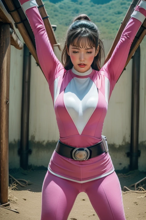 pink theme,pink ranger suit、curvy, big breats, full body, tied on Saint Andrew's cross in X position, screaming in pain, crying, eyes are closed tight