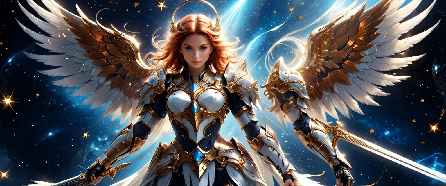 arafed a warrior angel in space battling in outer space, a female angel knight, magnificent beauty, divine beauty, dynamic hair color, dynamic hair color, dynamic eye color, intent gaze, she wears intricate space armor, with intricate mechanic parts, white angelic wings spread, magnificent wings, glorious wings, outer space background,  stars, vibrant, Ultra-high resolution, High Contrast, (masterpiece:1.5), highest quality, Best aesthetics), best details, best quality, highres, (ultra wide angle: 1.2), 16k, ultra detailed, masterpiece, best quality, (extremely detailed),aetherpunkai, GlowingRunesAI_paleblue, Sword and shield