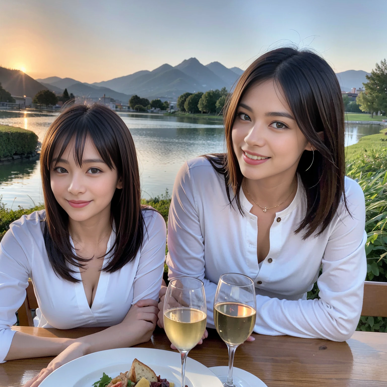 ((Highest quality、、masterpiece:1.3))、1 male 1 female、Pink Lover、、Beautiful couple、Japanese couple、smile、 (Slim face), (the body is スリム), (Brown Hair), (Shortcuts), ((Bob Hale、Straight hair:1.2)), テーブルの上のwine glass、Please shine a light on my face、 Amazing view of the sunset sky and clouds、Amazing mountain views、smileの美しさ、Bright im年、Blushing, Shortcuts,Bright Face、 Age 35, 39 years old, red wine 、Appetizers、Italian food、Wine bottle、Champagne、sparkling wine、Long sleeve shirt、dress、Attractive beauty、restaurant, Nova Frog Style, actress, model, Upper Body, White wine, red wine, wine glass,