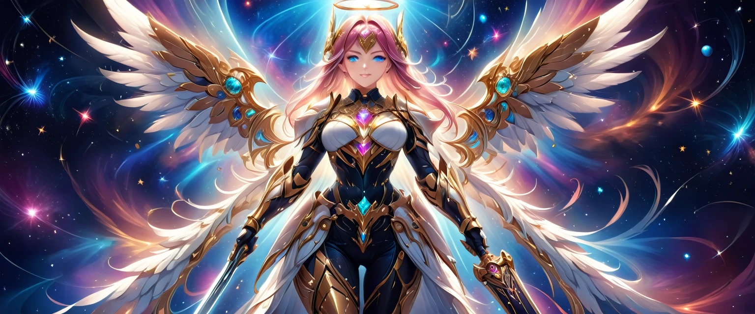 arafed a warrior angel in space battling in outer space, a female angel knight, magnificent beauty, divine beauty, dynamic hair color, dynamic hair color, dynamic eye color, intent gaze, she wears intricate space armor, with intricate mechanic parts, white angelic wings spread, magnificent wings, glorious wings, outer space background,  stars, vibrant, Ultra-high resolution, High Contrast, (masterpiece:1.5), highest quality, Best aesthetics), best details, best quality, highres, (ultra wide angle: 1.2), 16k, ultra detailed, masterpiece, best quality, (extremely detailed),aetherpunkai, GlowingRunesAI_paleblue, Sword and shield