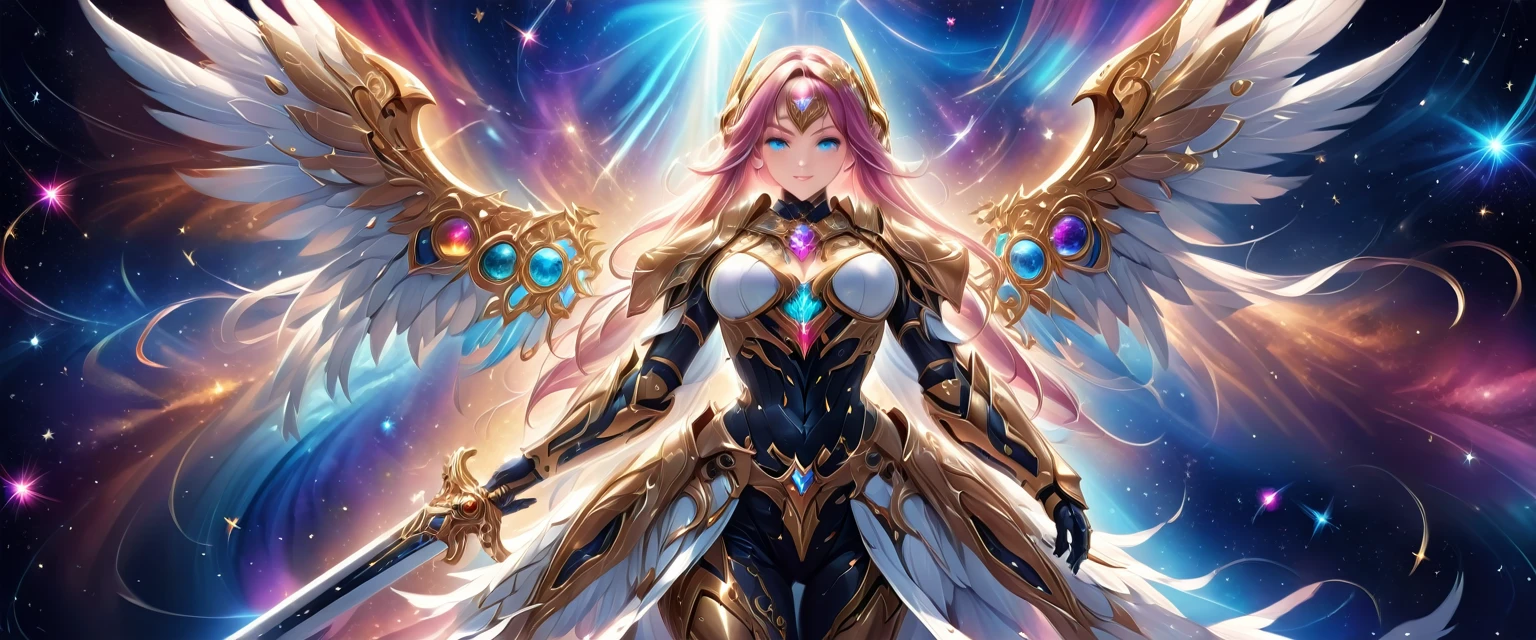 arafed a warrior angel in space battling in outer space, a female angel knight, magnificent beauty, divine beauty, dynamic hair color, dynamic hair color, dynamic eye color, intent gaze, she wears intricate space armor, with intricate mechanic parts, white angelic wings spread, magnificent wings, glorious wings, outer space background, stars, vibrant, Ultra-high resolution, High Contrast, (masterpiece:1.5), highest quality, Best aesthetics), best details, best quality, highres, (ultra wide angle: 1.2), 16k, ultra detailed, masterpiece, best quality, (extremely detailed),aetherpunkai, GlowingRunesAI_paleblue, Sword and shield