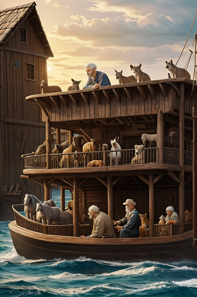 Noah an old man with gray hair placing several animals inside an ark at sea