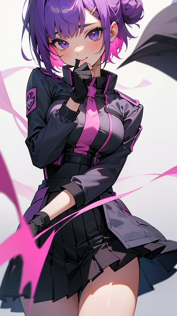 Top Quality, 8K, 4K, High Definition, Detail, (better-quality, 8K, 12), top-quality, 1 girl、purple short bob hair clip tied into a bun、black eyeedium breasts、uniform、gray jacket with pink line, fingerless gloves、thighs、Ilcha fousing on her, surprise face, having her hands her face, making cute surprise expressing. picture pose, she is standing up, she has a loil pop in her mouth, (she up close only showing face and her chest.)