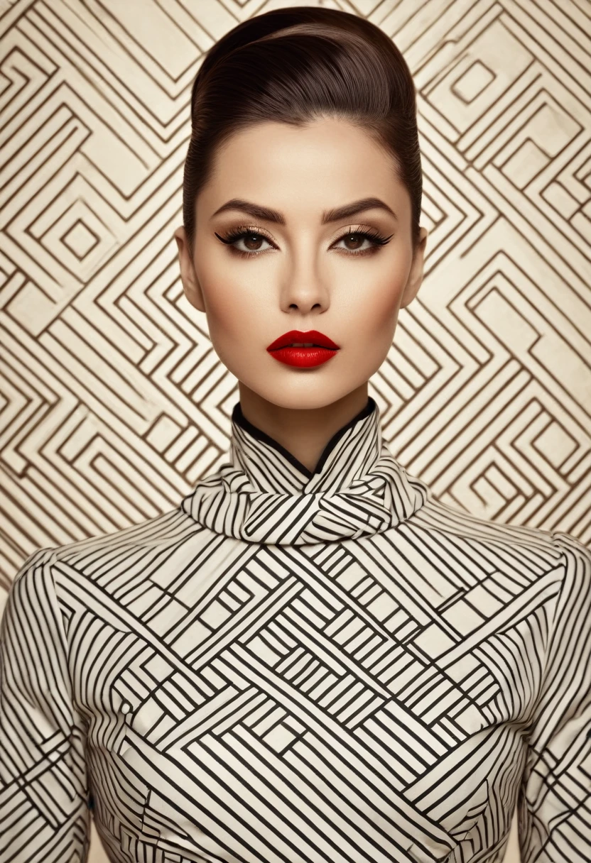 A Sepia portrait of a woman with a striking appearance. She has a sleek hairstyle, sharp eyeliner, and bold red lipstick. Her gaze is intense, directed towards the viewer. The background features geometric patterns, possibly representing architectural or artistic designs. The woman is wearing a high-necked outfit, and there's a watermark at the bottom indicating the image is from 'Aleksa Torri' and is associated with 'Women's Health' magazine., photo, painting, fashion, portrait photography, cinematic, illustration, poster
