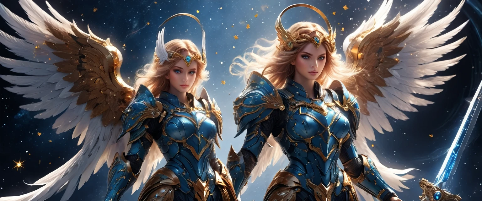 arafed a warrior angel in space battling in outer space, a female angel knight, magnificent beauty, divine beauty, dynamic hair color, dynamic hair color, dynamic eye color, intent gaze, she wears intricate space armor, with intricate mechanic parts, white angelic wings spread, magnificent wings, glorious wings, outer space background, stars, vibrant, Ultra-high resolution, High Contrast, (masterpiece:1.5), highest quality, Best aesthetics), best details, best quality, highres, (ultra wide angle: 1.2), 16k, ultra detailed, masterpiece, best quality, (extremely detailed),aetherpunkai, GlowingRunesAI_paleblue, Sword and shield