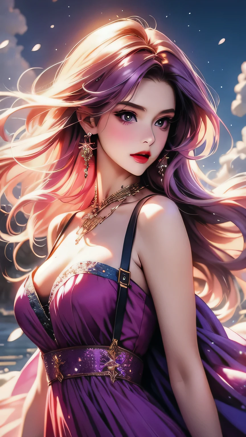 (Best quality, 8K, high resolution, masterpiece:1.2), Digital Artwork, A girl, Delicate face, Delicate eyes, Pink Hair, Long and straight hair, Glowing purple eyes, Red lips, Suspenders, Fantasy Landscape, Vibrant colors, Soft lighting, Whimsical atmosphere, Blooming flowers, floating dress, Fine details, Ethereal Background, Dreamy,Snow white skin（10.0） Large Breasts（10.0）16K（10.0）， Ultra-clear（10.0） The highest quality masterpiece