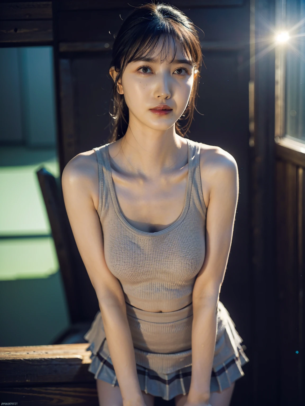 1girl, woman, masterpiece, best quality, highest quality, cinematic lighting, (volumetric lighting), extremely detailed CG unity 8k wallpaper, focused, 8k wallpaper, extremely detailed, ultra realistic, photorealistic, sharp focus, absurdres, (HDR:1.2), (high contrast), photograph, detailed and intricate, instagram, portrait, highly detailed, digital painting, artstation, concept art, smooth, sharp focus, illustration, cinematic lighting, (natural big breast), black short skirt, eyes looking at the viewer, ((medium shoulder)), (skinny legs), (slender body), (((height 166cm))), (HQ skin:1.4, Realistic human body structure), (aerial shot photo), (wearing knit tank top, short skirt), ((longshot view))
