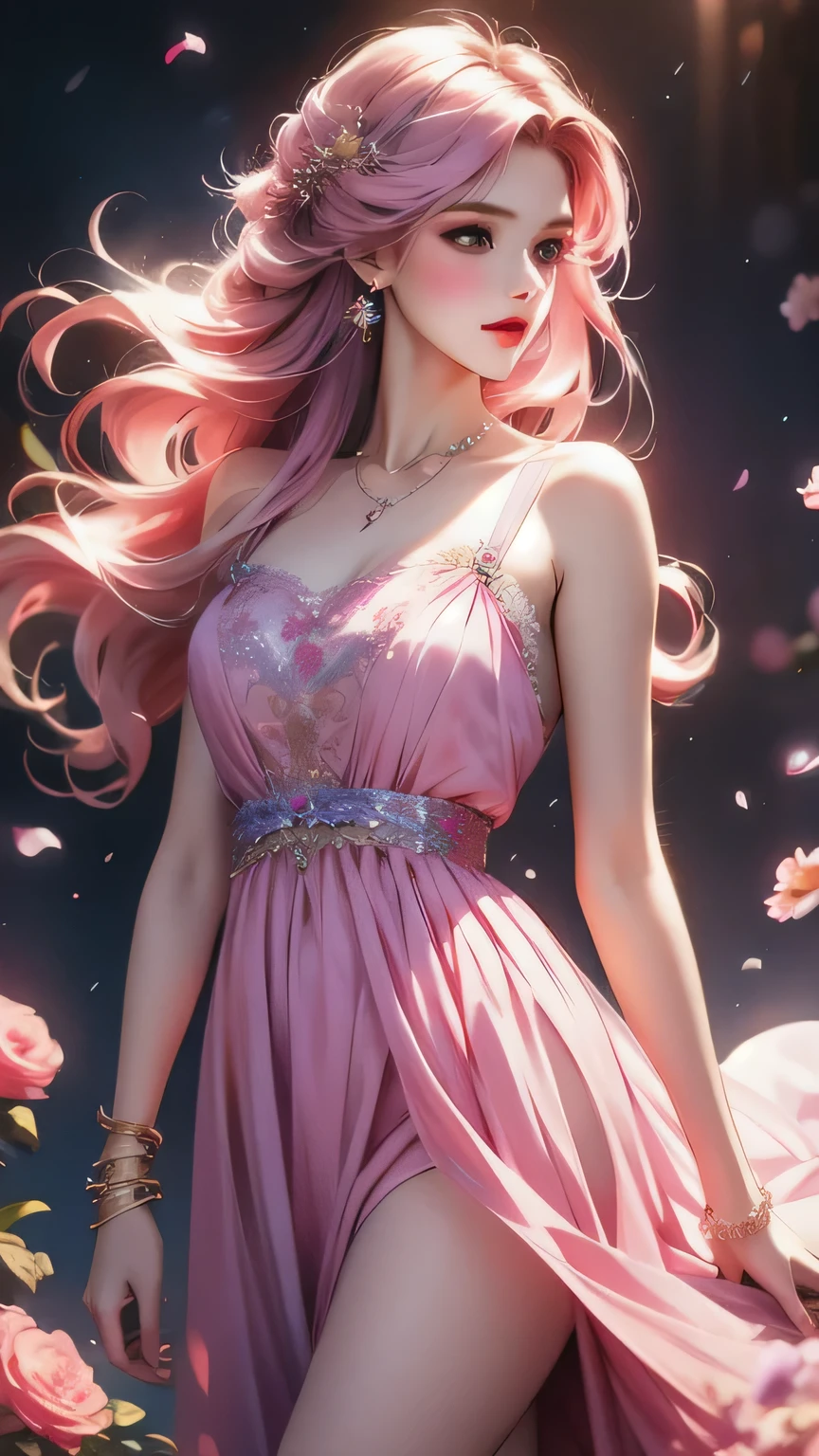 (Best quality, 8K, high resolution, masterpiece:1.2), Digital Artwork, A girl, Delicate face, Delicate eyes, Pink Hair, Long and straight hair, Glowing purple eyes, Red lips, Suspenders, Fantasy Landscape, Vibrant colors, Soft lighting, Whimsical atmosphere, Blooming flowers, floating dress, Fine details, Ethereal Background, Dreamy