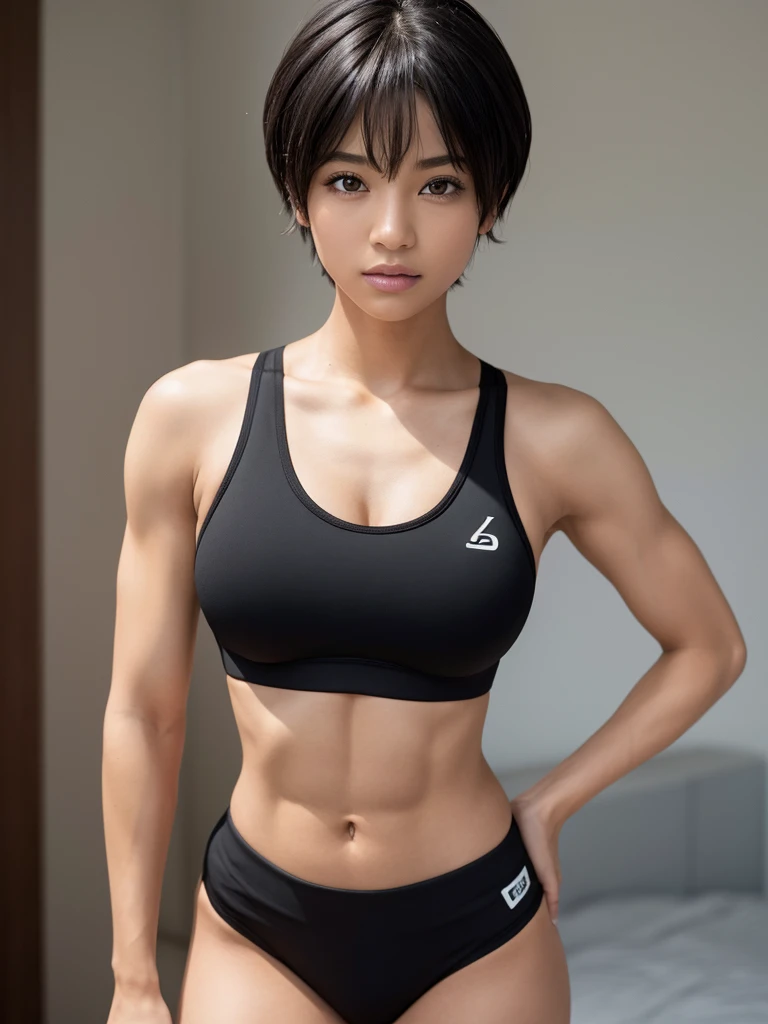 1 woman, background is a medieval training camp, muscular female body, wearing a white strapless crop top and workout pants, double lidless eyes, Asian eyes, detailed facial features, female red eyes, detailed dark tan skin, short black hair, dramatic lighting, cinematic composition, light palette, warm colors, atmospheric haze, thin chin, serious face, strong and beautiful woman, adult woman, ultra realistic, adult man (best quality, 4K, 8K, Hi-Res, Art: 1.2), ultra detailed (realistic, photorealistic, photorealistic: 1.37)