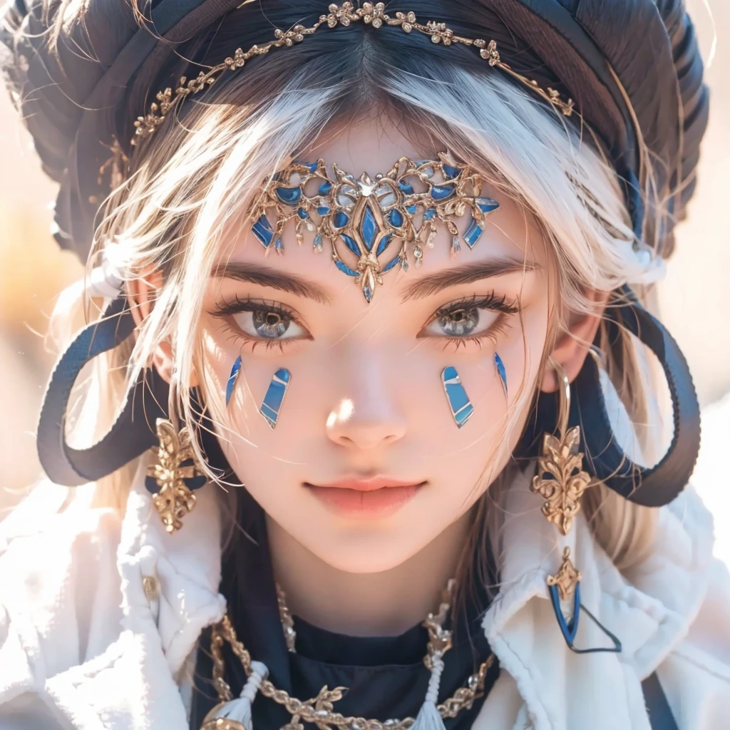 There's a woman with face paint and a headdress, beautiful digital artwork, Amazing digital illustrations, Cool animated face portraits, Highly detailed fantasy character, Great digital art with great details., detailed matte fantasy portrait, digital fantasy art ), Beautiful digital illustration, trending digital fantasy art, cute detailed digital art, Brilliant digital art, Complex and colorful animation CGI style