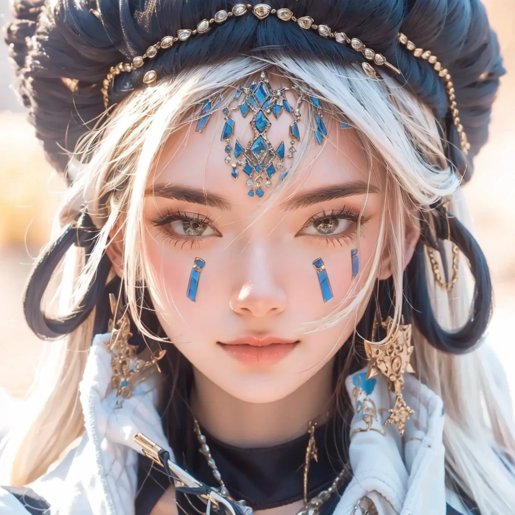 There's a woman with face paint and a headdress, beautiful digital artwork, Amazing digital illustrations, Cool animated face portraits, Highly detailed fantasy character, Great digital art with great details., detailed matte fantasy portrait, digital fantasy art ), Beautiful digital illustration, trending digital fantasy art, cute detailed digital art, Brilliant digital art, Complex and colorful animation CGI style