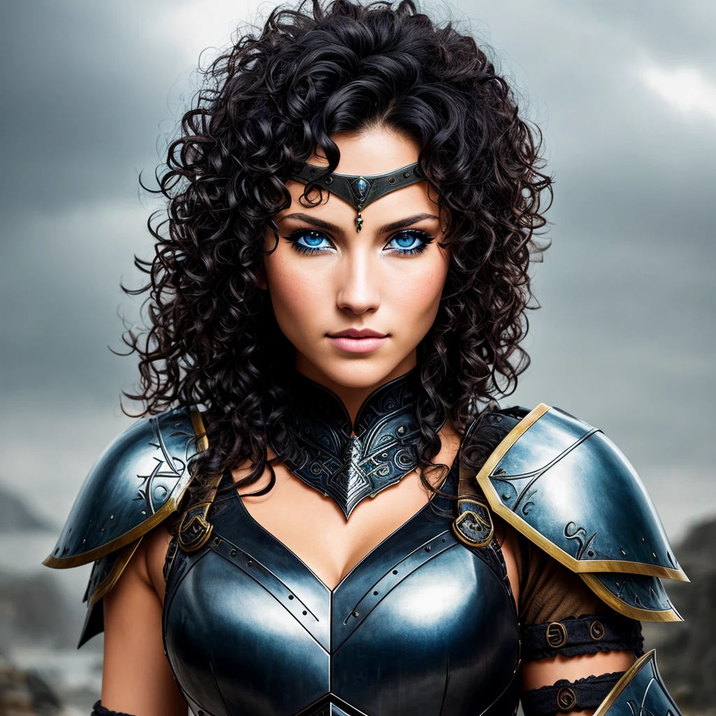 create photograph, of a woman wearing armor and sexy, black curly hair long, tan skin, blue eyes, eyepatch, warrior, fantasy, pefect face, masterpiece