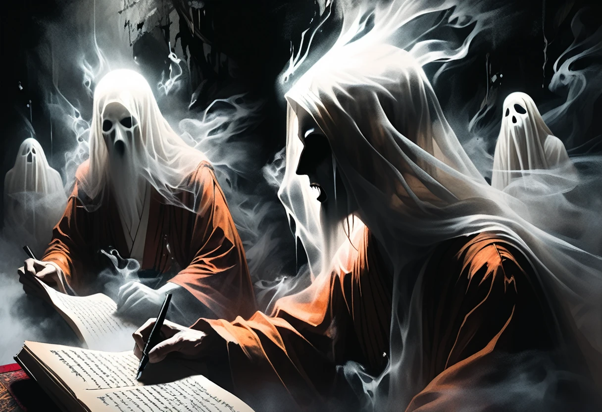 ((side view):2),close up portrait of line ghosts of Buddhist monks, many ghosts, without faces, shadows, night, jungle, fog, opened mouth, graphic style of novel comics,dark novel style, comic, 2d, 8k, hyperrealism, masterpiece, high resolution, best quality, ultra-detailed, super realistic, Hyperrealistic art, high-quality, ultra high res, highest detailed, lot of details, Extremely high-resolution details, incredibly lifelike, colourful, soft cinematic light,