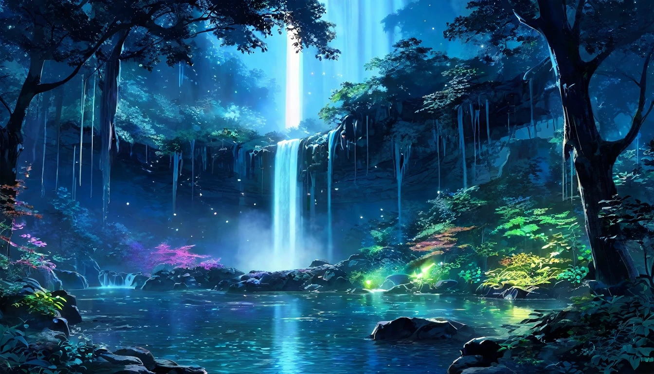 A fantastic night view with the light of the full moon gently illuminating the central waterfall.。The waterfall shines silver、The dark forest that surrounds it is filled with plants and creatures that glow with a colorful, magical light.。The whole forest shines like magic、It creates a mysterious and fantastical atmosphere.。The waterfall's spray reflects the light of the full moon.、Fluorescent fireflies、A beautiful sight, as if the stars were twinkling。Fantasy art that combines nature and magic。