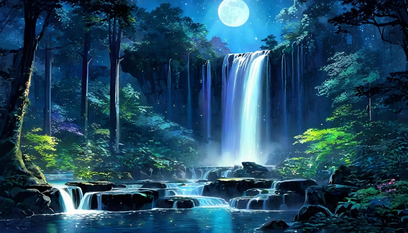 A fantastic night view with the light of the full moon gently illuminating the central waterfall.。The waterfall shines silver、The dark forest that surrounds it is filled with plants and creatures that glow with a colorful, magical light.。The whole forest shines like magic、It creates a mysterious and fantastical atmosphere.。The waterfall&#39;s spray reflects the light of the full moon.、Fluorescent fireflies、A beautiful sight, as if the stars were twinkling。Fantasy art that combines nature and magic。
