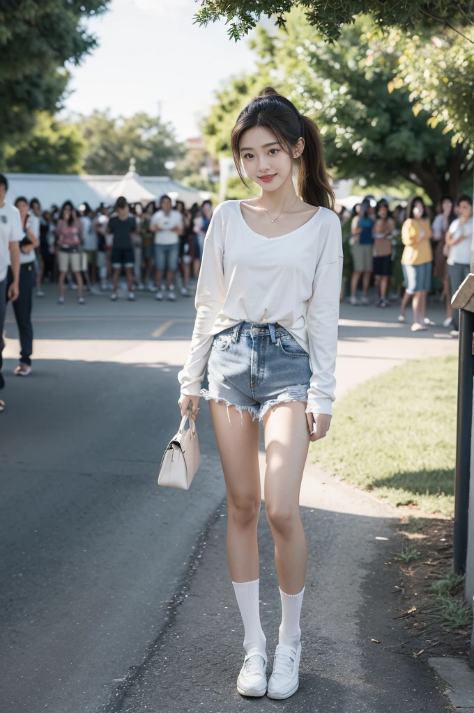 (((best quality))),(((ultra detailed))),(((masterpiece))),illustration,((1 beautiful girl,solo)),((slim,thin)),((small breasts,flat chest)), outside school gate, summer twilight, sunlight,(short ponytail:1.3),(claviclies,cleavage),((white long-sleeved shirt)),((denim shorts,slender legs)),(plain white socks, comfortable flip-flops), animated face, excited eyes, sounds of laughter, chatter, excitement of summer vacation, air filled with energy, school gate golden glow, symbol of end of academic year, schoolyard transformed, reunion, farewells, embracing setting sun, face illuminated, moment captured, fleeting instant, essence of summer, carefree spirit, youthful exuberance, embodiment of season, sun dips, rosy glow, joy of living,promise of adventures,((standing,from front,full body)),(surrounded by crowded crowds:1.3)