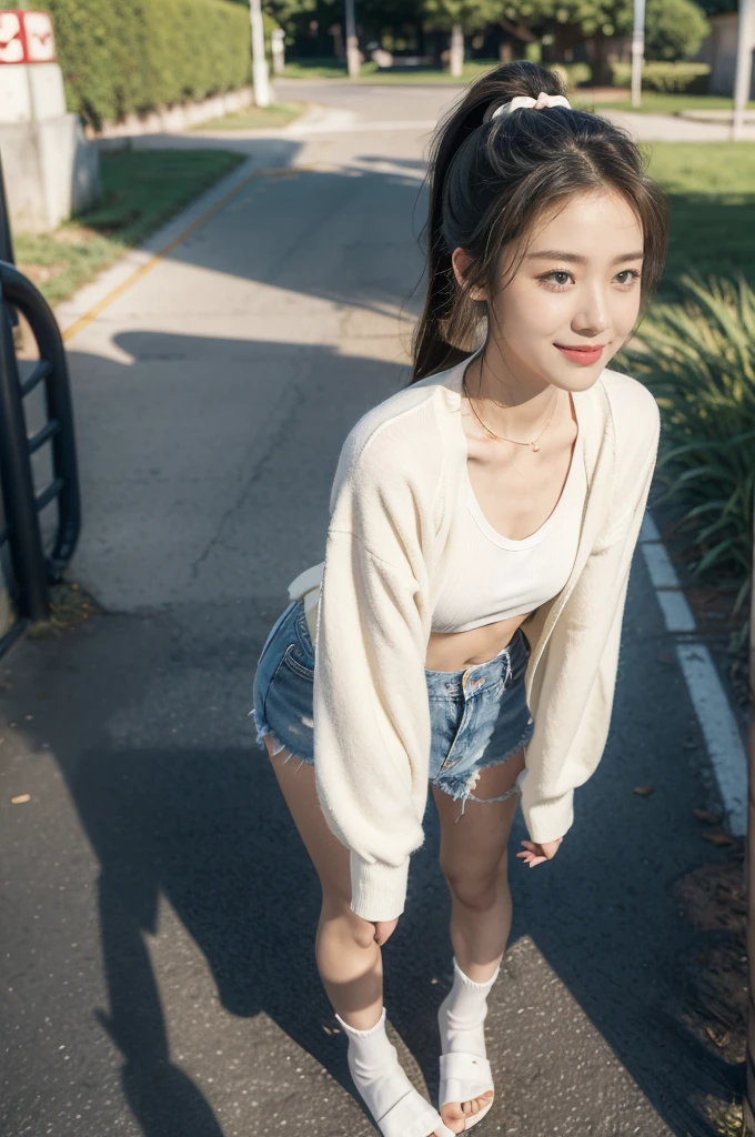 18 years old female, long hair, RAW photo, bokeh (realism: 1.4, realistic), high detail CG unified 8K wallpaper, 1girl, ((slim body: 1)), (big breasts: 1), back to the viewer, ((direct view from the front)), (HQ skin: 1.4), 8k ultra HD, DSLR, soft light, high quality, film grain, Fujifilm XT3, ((school uniform, short skirt, necklace, sheer cardigan: 1.5)), ((outdoor, in the park) long pearl, portrait, ((Layered short hair, black, small breasts: 1.2)), (Looking at the audience: 1.4), (Full body: 1.8)
