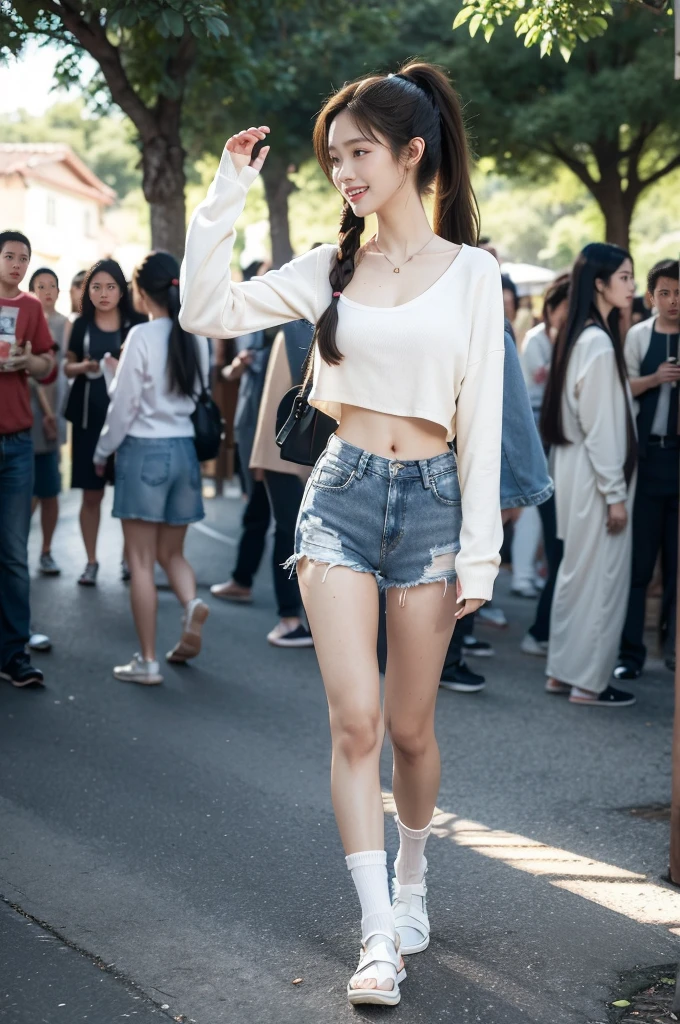 (((best quality))),(((ultra detailed))),(((masterpiece))),illustration,((1 beautiful girl,solo)),((slim,thin)),((small breasts,flat chest)), outside school gate, summer twilight, sunlight,(short ponytail:1.3),(claviclies,cleavage),((white long-sleeved shirt)),((denim shorts,slender legs)),(plain white socks, comfortable flip-flops), animated face, excited eyes, sounds of laughter, chatter, excitement of summer vacation, air filled with energy, school gate golden glow, symbol of end of academic year, schoolyard transformed, reunion, farewells, embracing setting sun, face illuminated, moment captured, fleeting instant, essence of summer, carefree spirit, youthful exuberance, embodiment of season, sun dips, rosy glow, joy of living,promise of adventures,((standing,from front,full body)),(surrounded by crowded crowds:1.3)