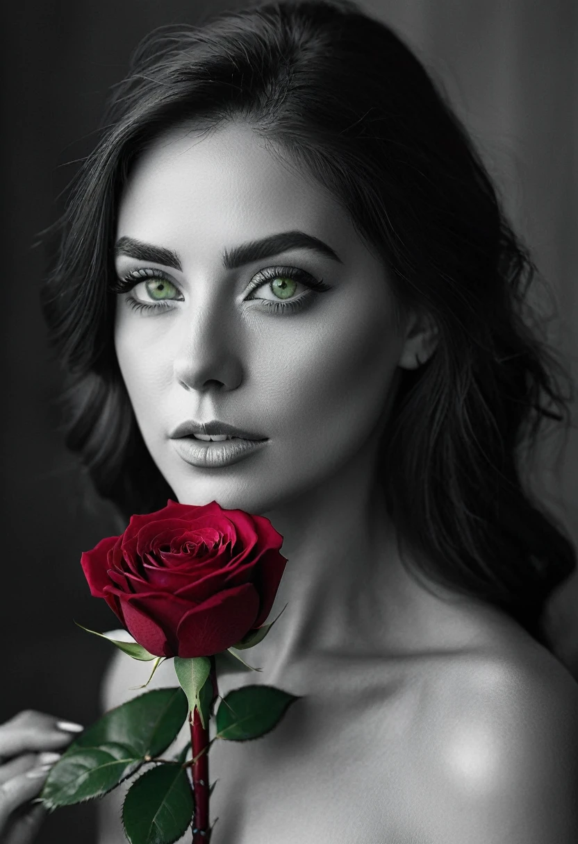 black and white, a woman with  green eyes, flawless skin, half body shot, holding a dark red rose, whimsical photography style, captured with an Arriflex 35BL camera using Canon K25 prime lenses, cinematic, dramatic lighting, ultra clear, breathtaking surreal masterpiece.
