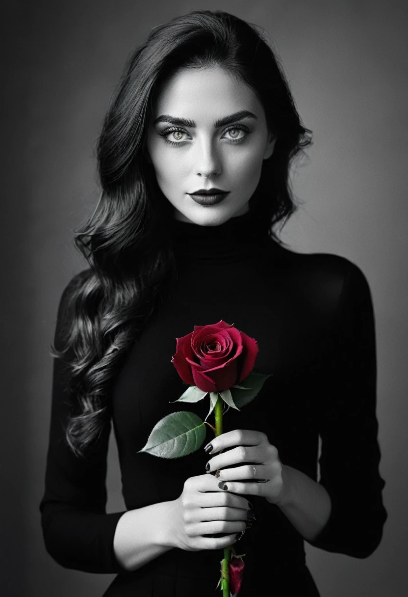 black and white, a woman with green eyes, flawless skin, half body shot, holding a dark red rose, whimsical photography style, captured with an Arriflex 35BL camera using Canon K25 prime lenses, cinematic, dramatic lighting, ultra clear, breathtaking surreal masterpiece.