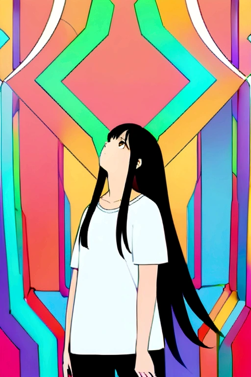 best quality, highres,Slender、Brown eyes、tall、Black Hair、(Long Hair:1.3),Straight Hair、7 life size、、white short sleeve t-shirt、slouch、Looking up