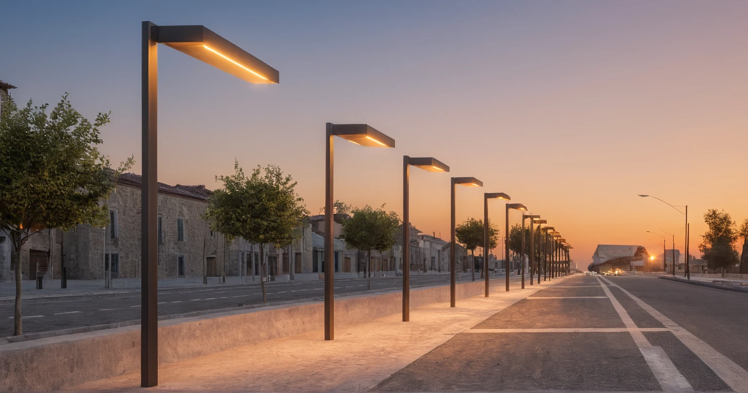 ultra realistic, masterpiece, best quality, ultra high res, raw photo, 8k, modern street, (lighting lamp1.2), sunrise