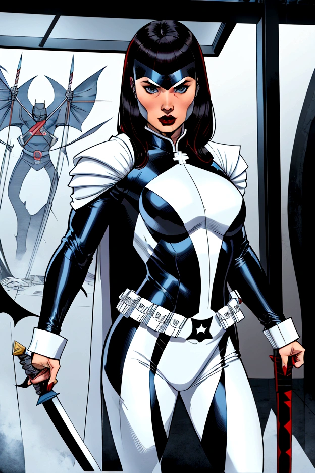 superhero, modern super hero costume, white bat costume, style like a black bat suit and, white suit for girl, Winter Soldier Bucky Barnes mask white, material latex; ninja, with a Chinese sword, Beautiful Chinese woman, Chinese woman with bangs, courageous character, Kind, Brave, determination, on the battlefield