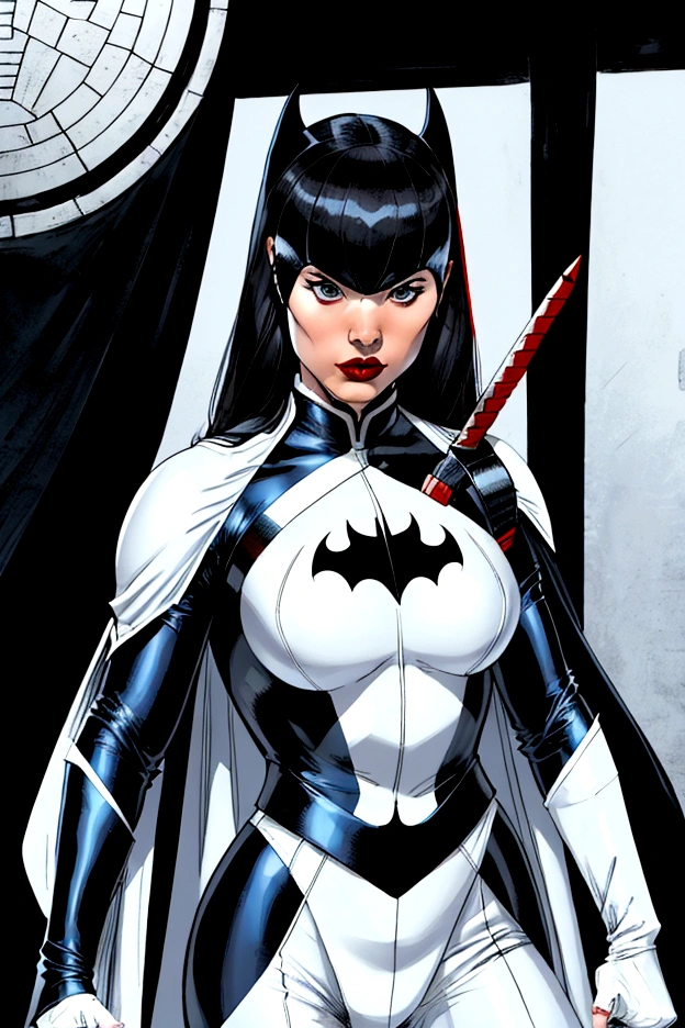 superhero, modern super hero costume, white bat costume, style like a black bat suit and, white suit for girl, Winter Soldier Bucky Barnes mask white, material latex; ninja, with a Chinese sword, Beautiful Chinese woman, Chinese woman with bangs, courageous character, Kind, Brave, determination, on the battlefield