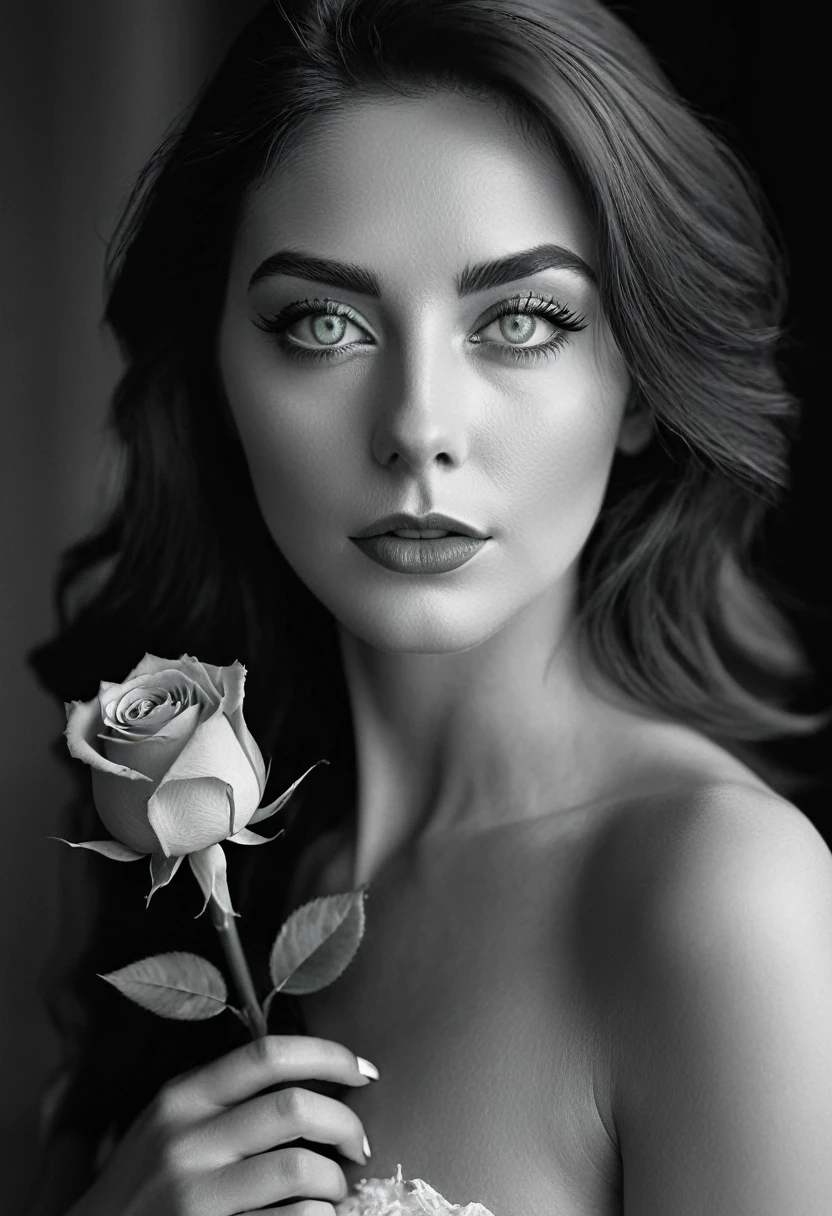 black and white, a woman with green eyes, flawless skin, half body shot, holding a rose, whimsical photography style, captured with an Arriflex 35BL camera using Canon K25 prime lenses, cinematic, dramatic lighting, ultra clear, breathtaking surreal masterpiece.
