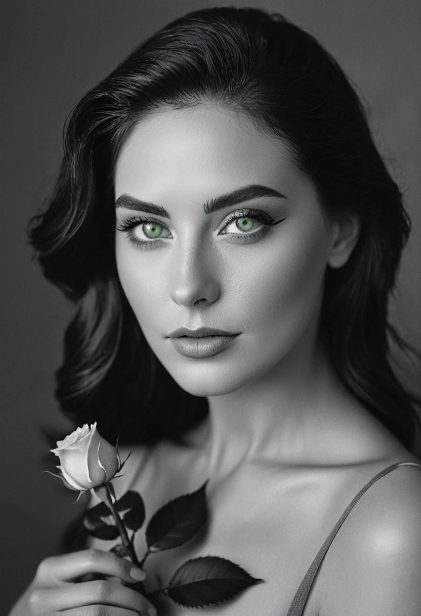 black and white, a woman with  green eyes, flawless skin, half body shot, holding a rose, whimsical photography style, captured with an Arriflex 35BL camera using Canon K25 prime lenses, cinematic, dramatic lighting, ultra clear, breathtaking surreal masterpiece.