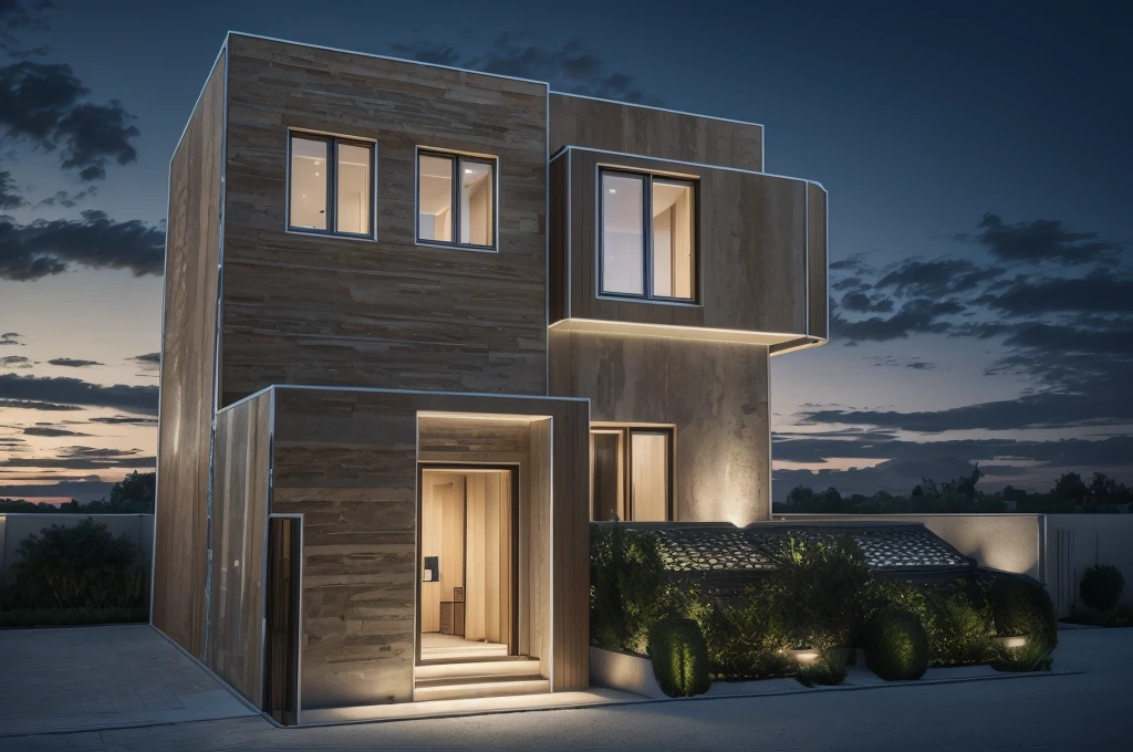 photorealistic, modern house,facade,modern,512k,high detailed, photoreal, award winning, large glass window on the right side, grass, plants, trees, evening, interior lights,(( travertine stone façade))
award winning, extremely detailed,