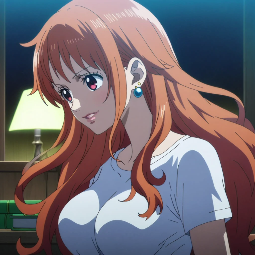 1girl, female nami, anime screencap from one piece, nami female version, solo, Red eyes ((Red_hair) ((long hair)), night view, (hanging breasts) upper_body, smile, indoors, book, red_eyes, lips, (loose tendrils) ((wearing shirt)) breast, "very detailed and high resolution" (Red eyes) ((solo)) (front view) (earings) ((high resolution)) ((good quality)) (standing)