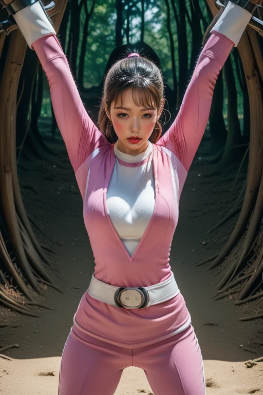 pink theme,pink ranger suit、curvy, big breats, full body, tied on Saint Andrew's cross in X position, screaming in pain, crying, eyes are closed tight