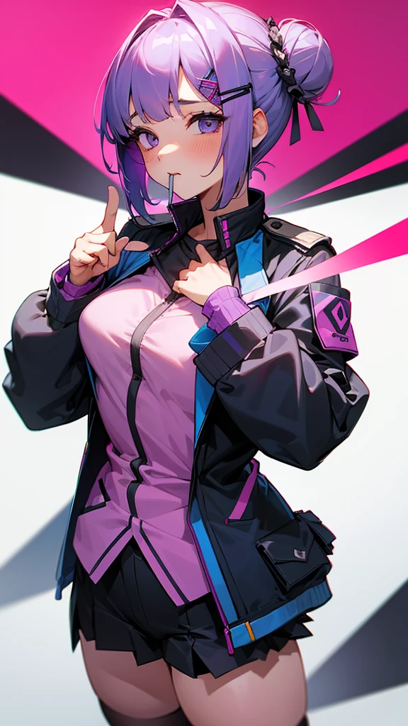 Top Quality, 8K, 4K, High Definition, Detail, (better-quality, 8K, 12), top-quality, 1 girl、purple short bob hair clip tied into a bun、black eyeedium breasts、uniform、gray jacket with pink line, fingerless gloves、thighs、Ilcha fousing on her, surprise face, having her hands her face, making cute surprise expressing. picture pose, she is standing up, she has a loil pop in her mouth, (she up close only showing face and her chest.)