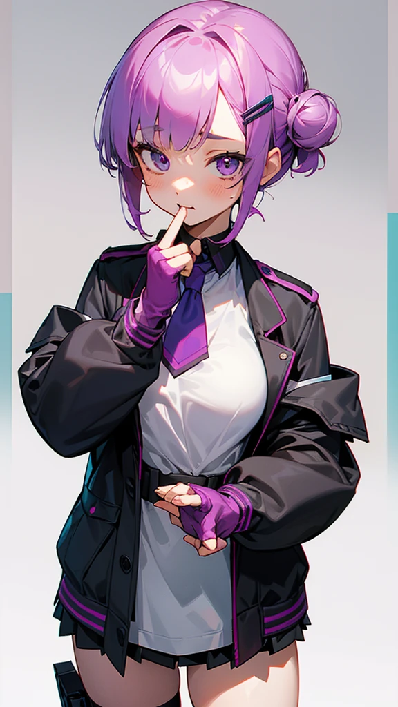 Top Quality, 8K, 4K, High Definition, Detail, (better-quality, 8K, 12), top-quality, 1 girl、purple short bob hair clip tied into a bun、black eyeedium breasts、uniform、gray jacket with pink line, fingerless gloves、thighs、Ilcha fousing on her, surprise face, having her hands her face, making cute surprise expressing. picture pose, she is standing up, she has a loil pop in her mouth, (she up close only showing face and her chest.)