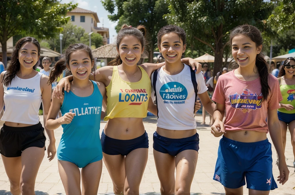 italy. Create a highly realistic scene of a 13 year old Italian girl surrounded by younger children as they enter a water sports center on a sunny day. The group heads towards the entrance, full of excitement and anticipation.
The 13-year-old girl stands at the head of the group, leading them with a cheerful and cheerful attitude. She has shoulder-length brown hair tied in a ponytail and is wearing a bright t-shirt and athletic shorts. Her eyes are wide with excitement as she points to the entrance, encouraging the children to follow her.
The children, aged between 5 and 10, are a mix of boys and girls, all dressed in colorful swimsuits. Their outfits vary in hue, creating a vibrant and dynamic color palette. The children laugh, chat and some enthusiastically point towards the impressive water slides visible in the distance.
The backdrop shows the lively entrance to the water sports centre, with tall, twisting water slides, splash pads and play areas. The entrance is lively, with other visitors and families making their way into the park, adding to the sense of excitement. Banners and signs welcoming guests to the water park help create a festive atmosphere. Bright sunlight illuminates the scene, casting shadows and highlighting the vibrant colors of their clothing and the features of the park.
The scene captures the joyous moment of arrival, with the girl at the forefront leading her group on the adventure, while the younger children express joy and anticipation for the fun that awaits them.